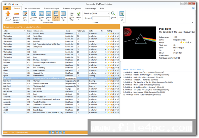 Main My Music Collection workspace displaying cataloged albums, cover art grid view, and navigation filter tree.