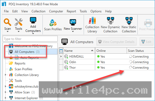 The computer details window showing a granular drill-down view of installed software, hotfixes, and hardware components.