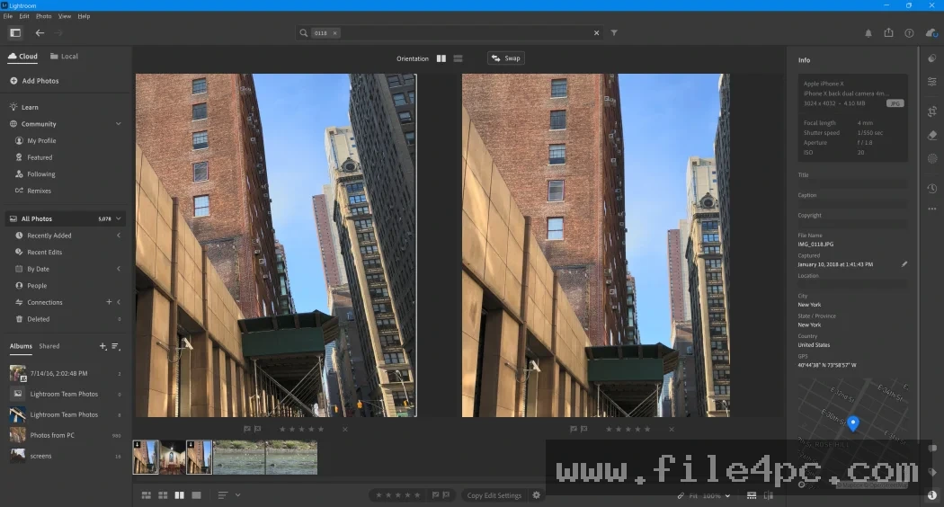 The interface for aligning vertical and horizontal converging lines on architectural photos.