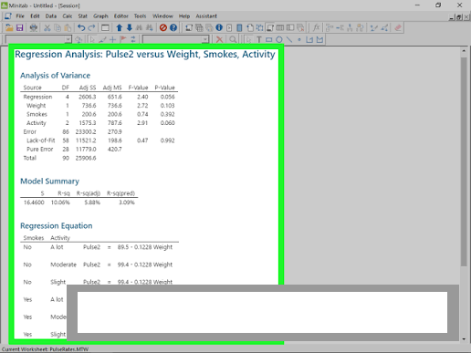 Main Minitab workspace displaying the Data Window, active Session Window calculations, and top statistical menus.
