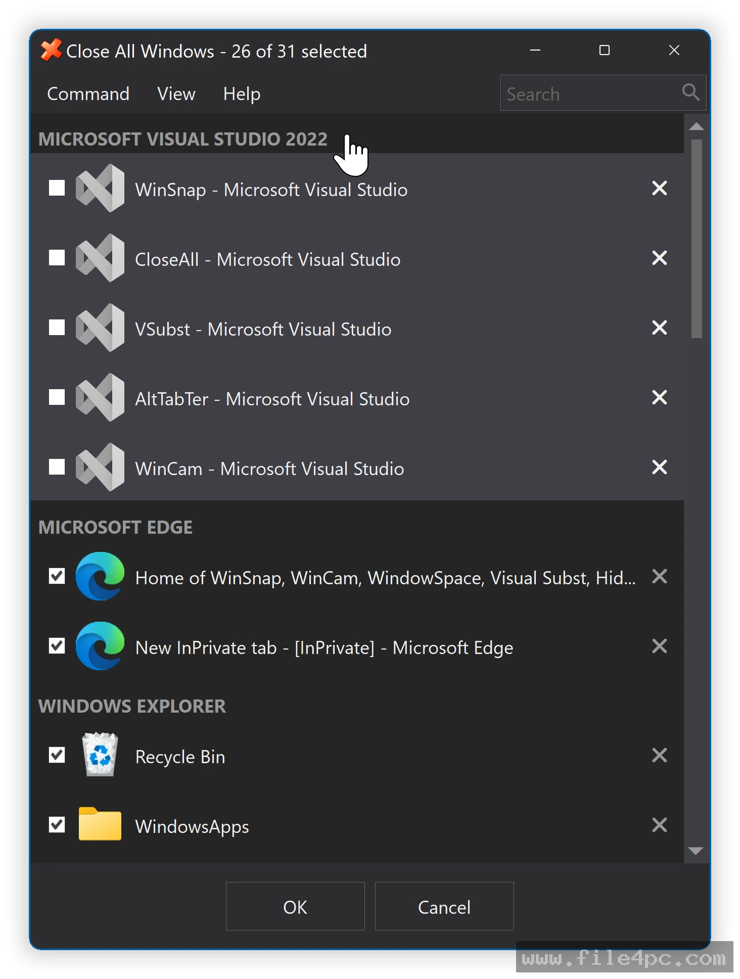 The settings panel where users can select specific programs to ignore during the closing process.