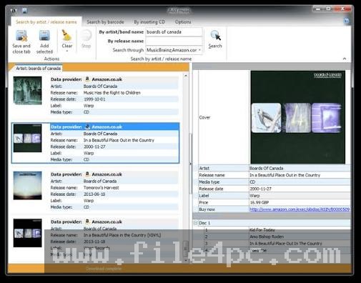 Online Lookup and Barcode Scan wizard illustrating automatic album search results from Discogs and MusicBrainz.