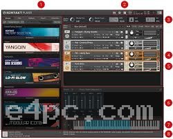 Main Kontakt instrument rack displaying loaded virtual instruments, MIDI channel routing, and master output meters.